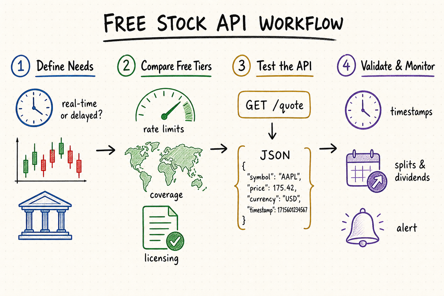 Hand-drawn workflow for evaluating a free real-time stock data API by delay, rate limits, coverage, licensing, timestamps, and monitoring