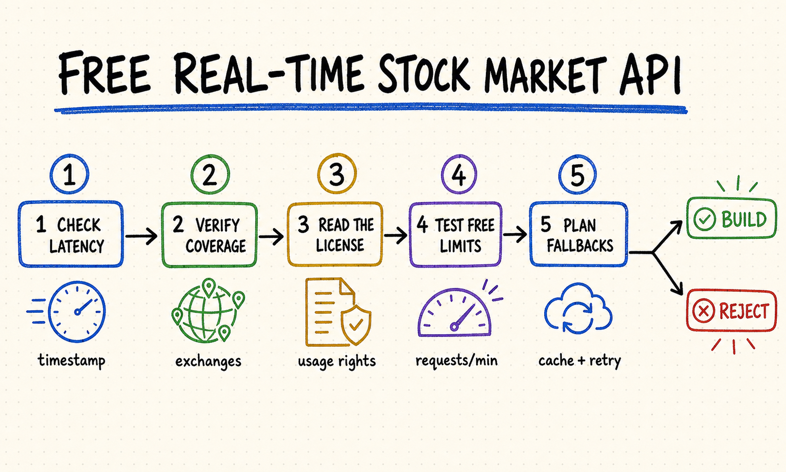 Hand-drawn workflow for evaluating a free real-time stock market API by delay, coverage, licensing, free limits, and fallback planning