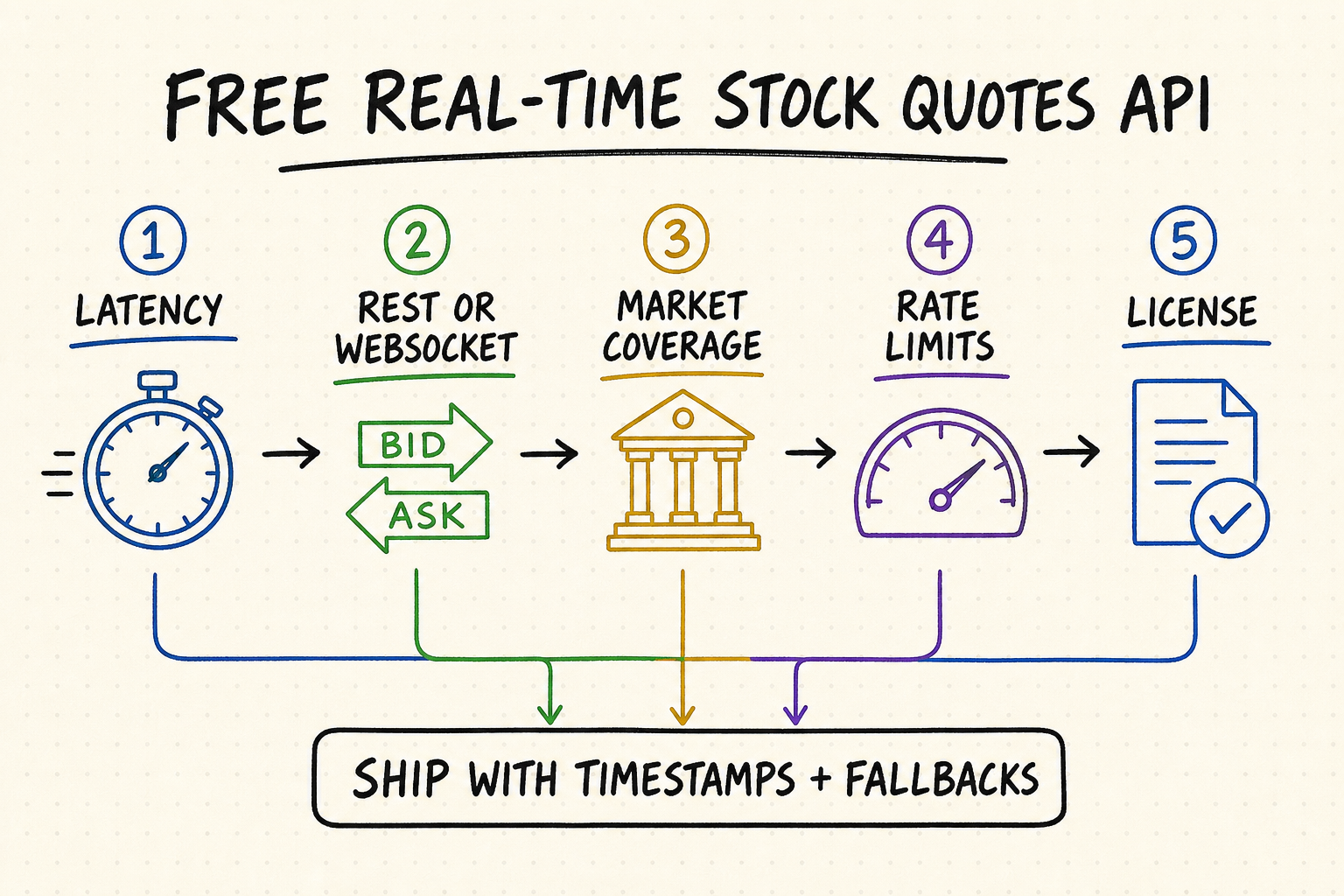 Hand-drawn decision flow for choosing a free real-time stock quotes API by latency, delivery method, coverage, limits, and licensing