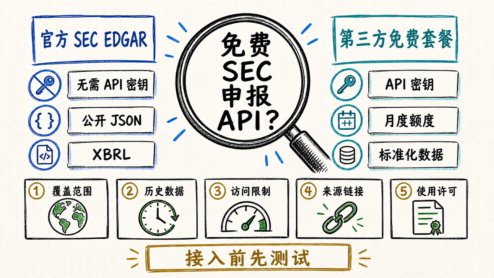 免费 SEC 申报 API 决策白板，对比官方 SEC EDGAR 与第三方免费套餐的 API 密钥、月度额度、覆盖范围、历史数据、访问限制、来源链接和使用许可