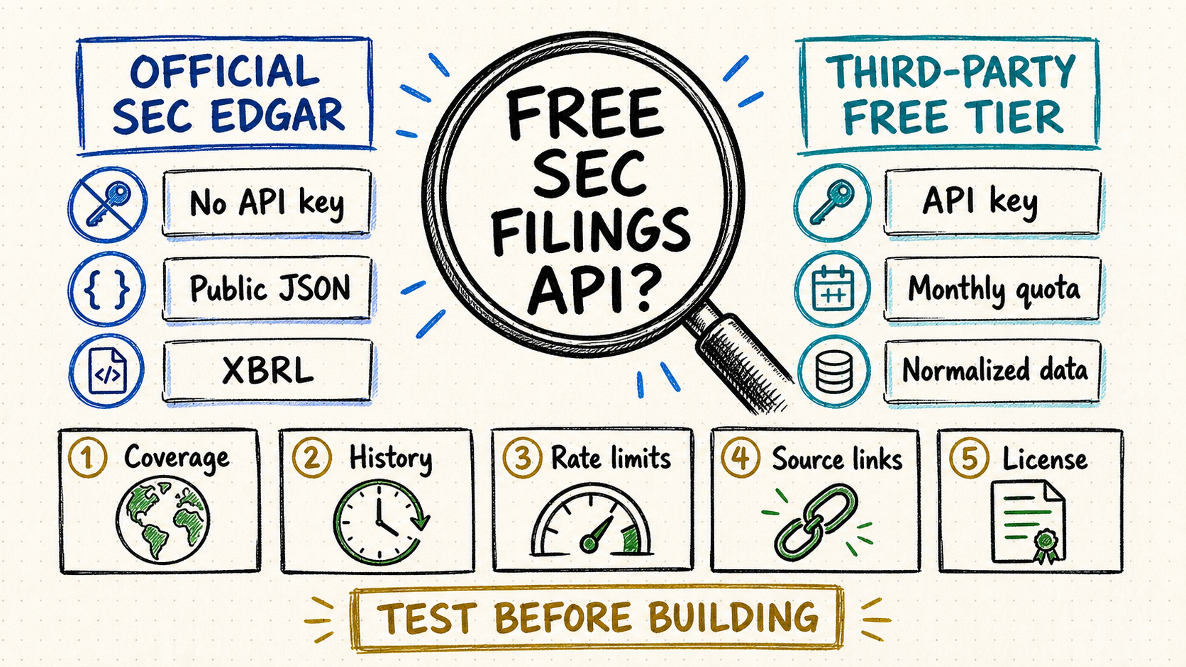 Free SEC filings API decision board comparing official SEC EDGAR access with third-party free tiers across API keys, quotas, coverage, history, rate limits, source links, and licensing