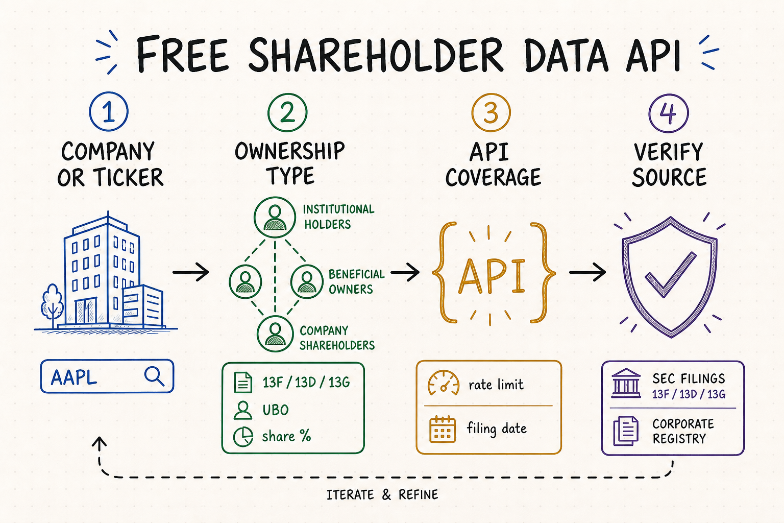 Free shareholder data API whiteboard showing ownership types, coverage checks and source verification