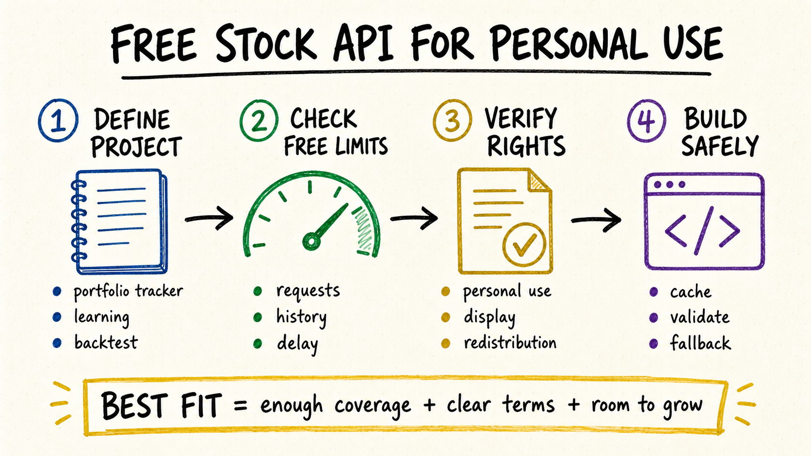 Hand-drawn decision flow for choosing a free stock API for personal use