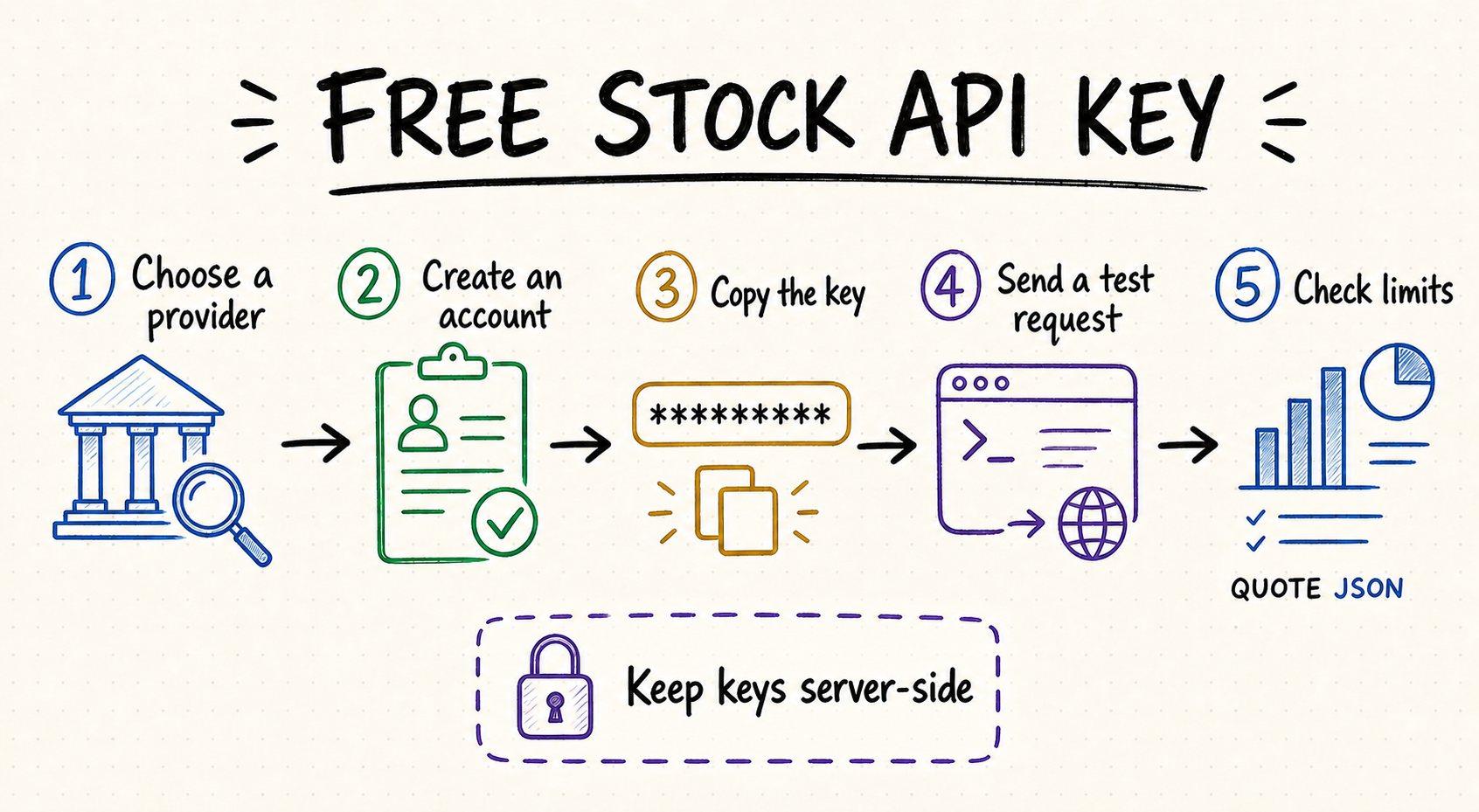 Hand-drawn workflow for choosing a provider, creating a free stock API key, testing a quote request, and checking limits