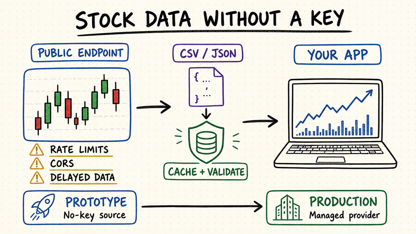 Whiteboard workflow showing a no-key stock data endpoint, CSV or JSON, caching, validation, and production upgrade path