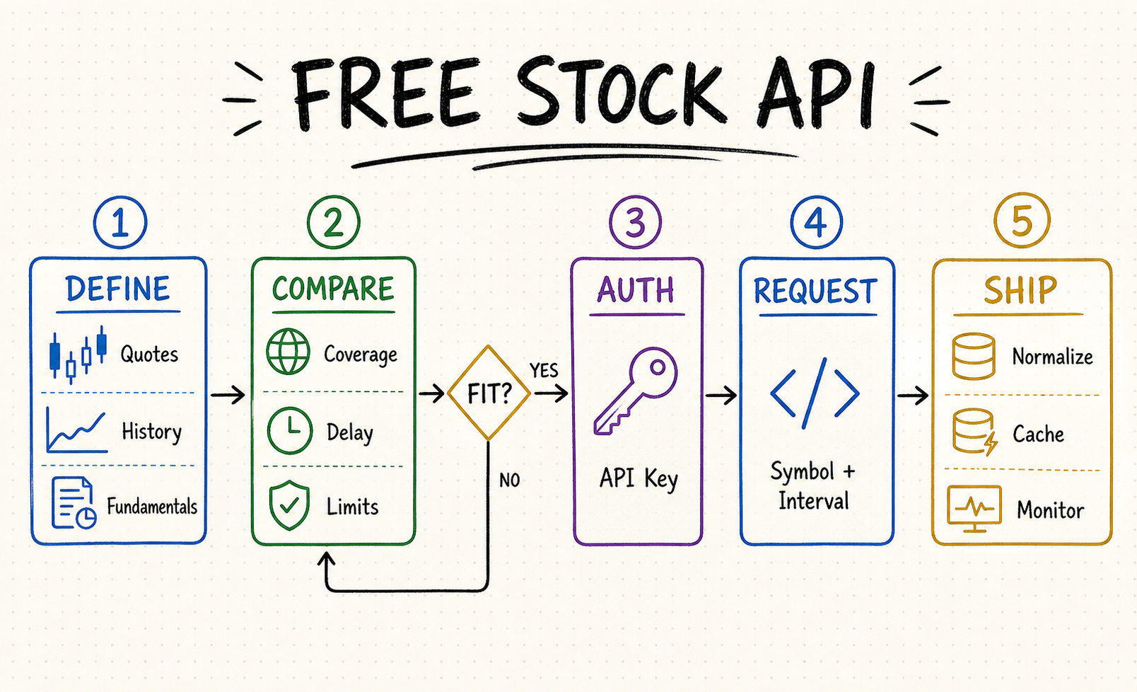 Whiteboard workflow for defining requirements, comparing, authenticating, requesting, and monitoring a free stock API