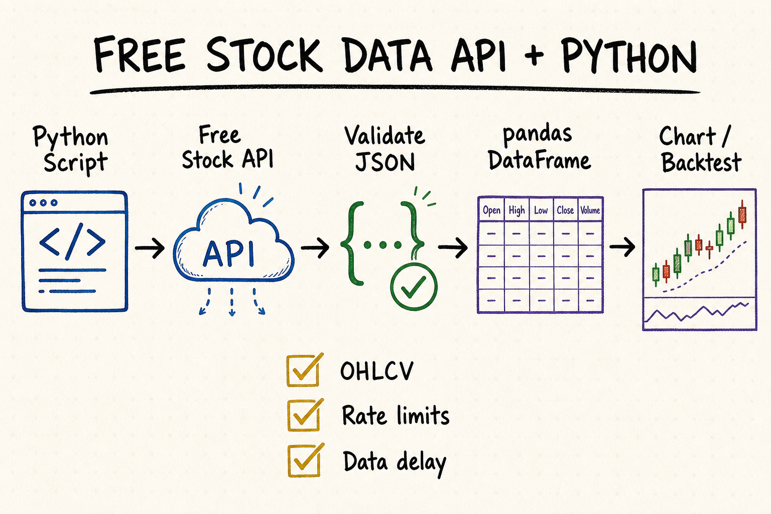 Hand-drawn workflow showing Python fetching free stock data, validating JSON, building a pandas DataFrame, and charting or backtesting OHLCV