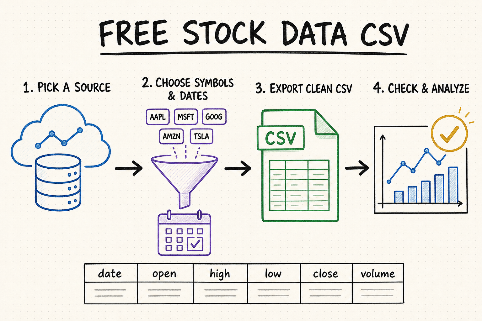 Hand-drawn workflow for choosing a free stock data source, selecting symbols and dates, exporting clean CSV, and checking the file