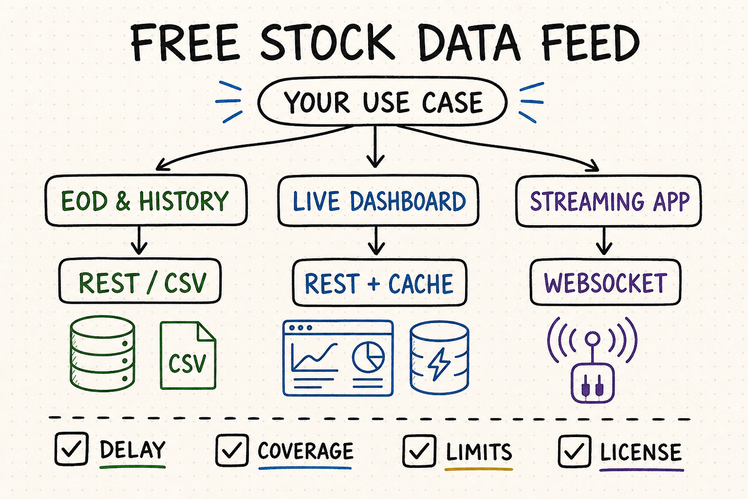 Whiteboard decision map for choosing a free stock data feed by use case, format, delay, coverage, limits, and license