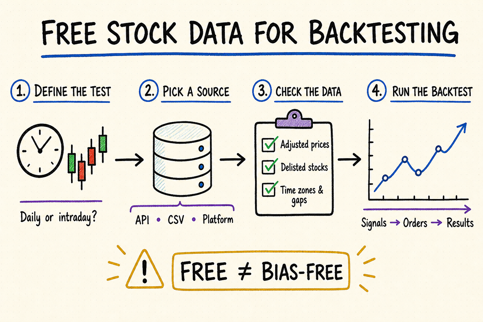 Whiteboard workflow for defining a backtest, choosing a free stock data source, checking quality, and running the test