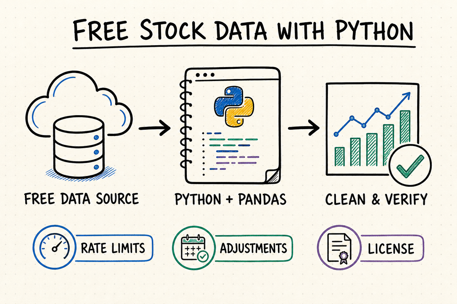 Whiteboard workflow from a free stock data source through Python and pandas to cleaned and verified market data