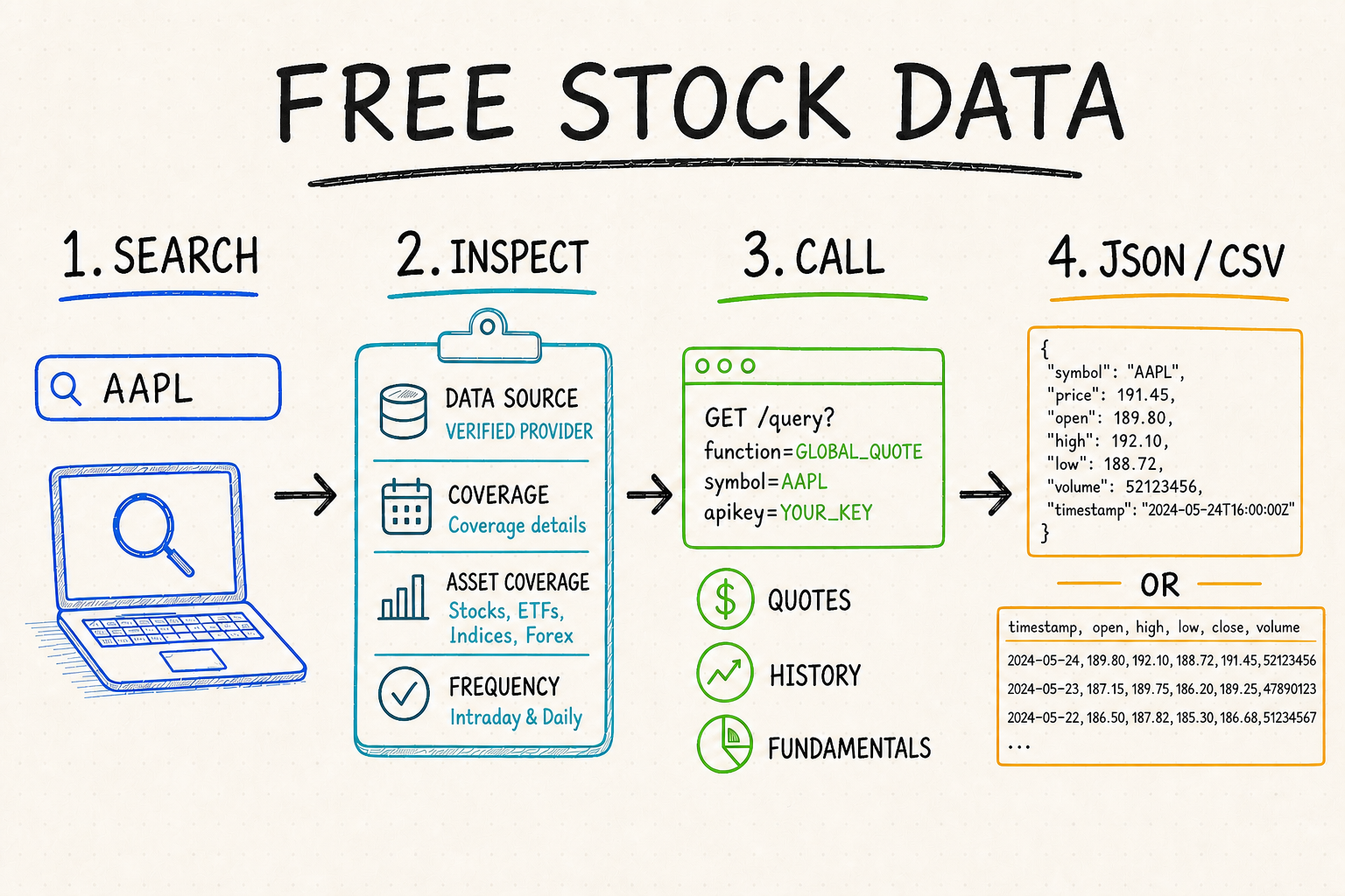 Whiteboard workflow showing how to search, inspect, and call free stock data sources for JSON or CSV output