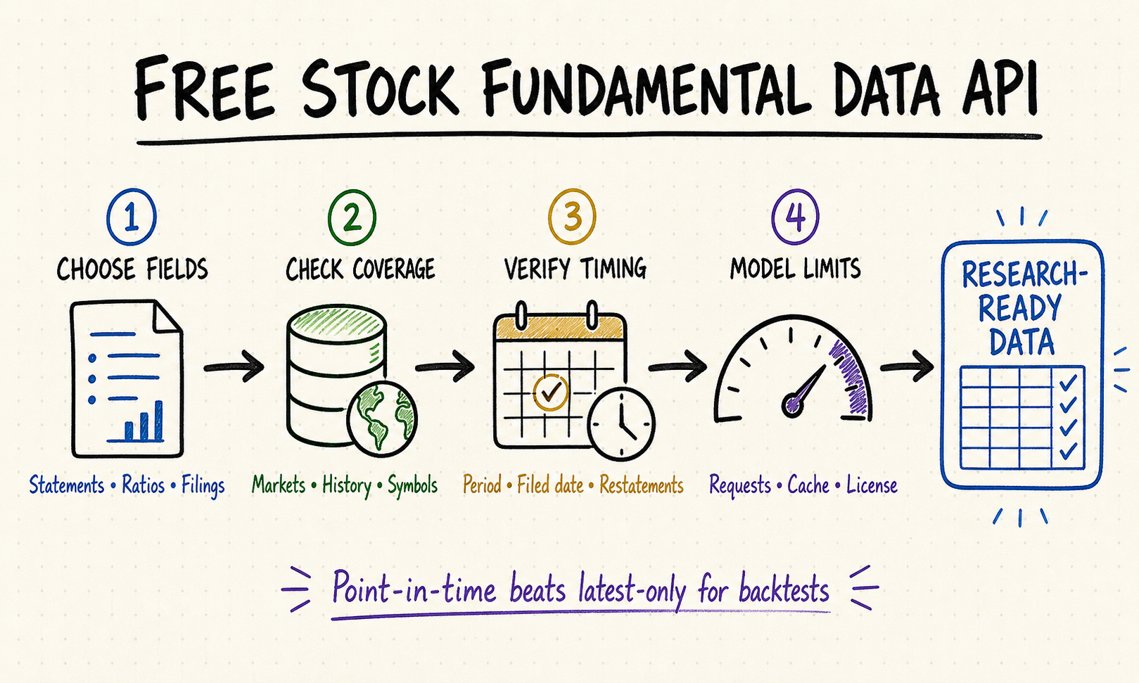 Hand-drawn workflow for evaluating free stock fundamental data APIs by fields, coverage, timing, limits, and point-in-time history