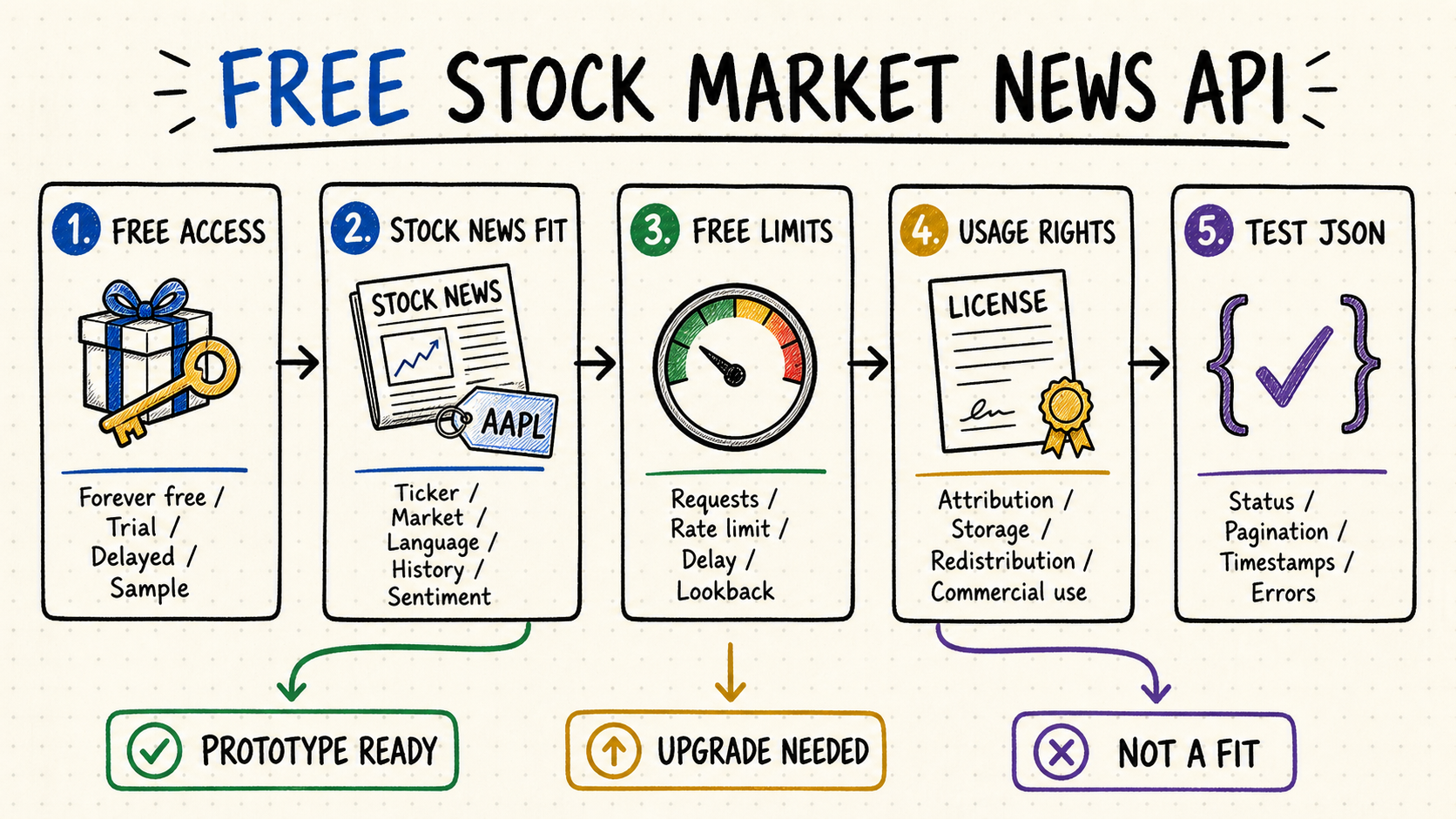 Five-step checklist for choosing and validating a free stock market news API by access type, stock-news fit, limits, usage rights and JSON response