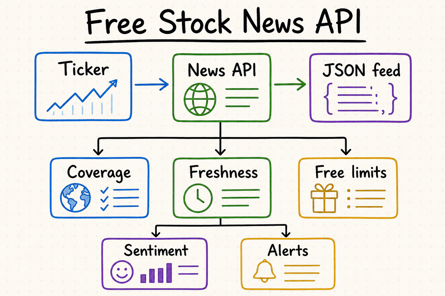 Free Stock News API whiteboard showing ticker input, JSON news feed, coverage, freshness, free limits, sentiment, and alerts