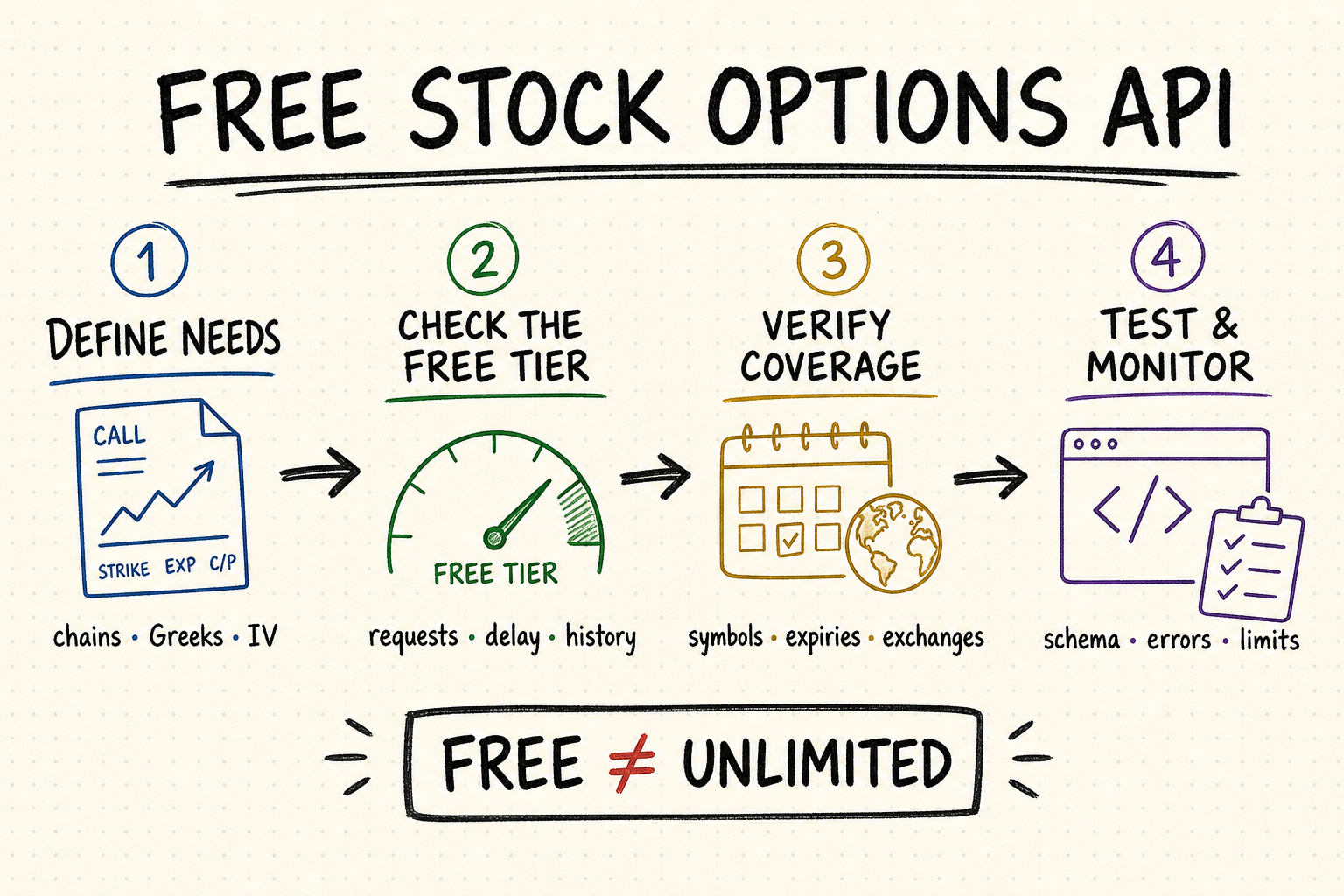 Hand-drawn workflow for evaluating a free stock options API by needs, free-tier limits, coverage, and testing