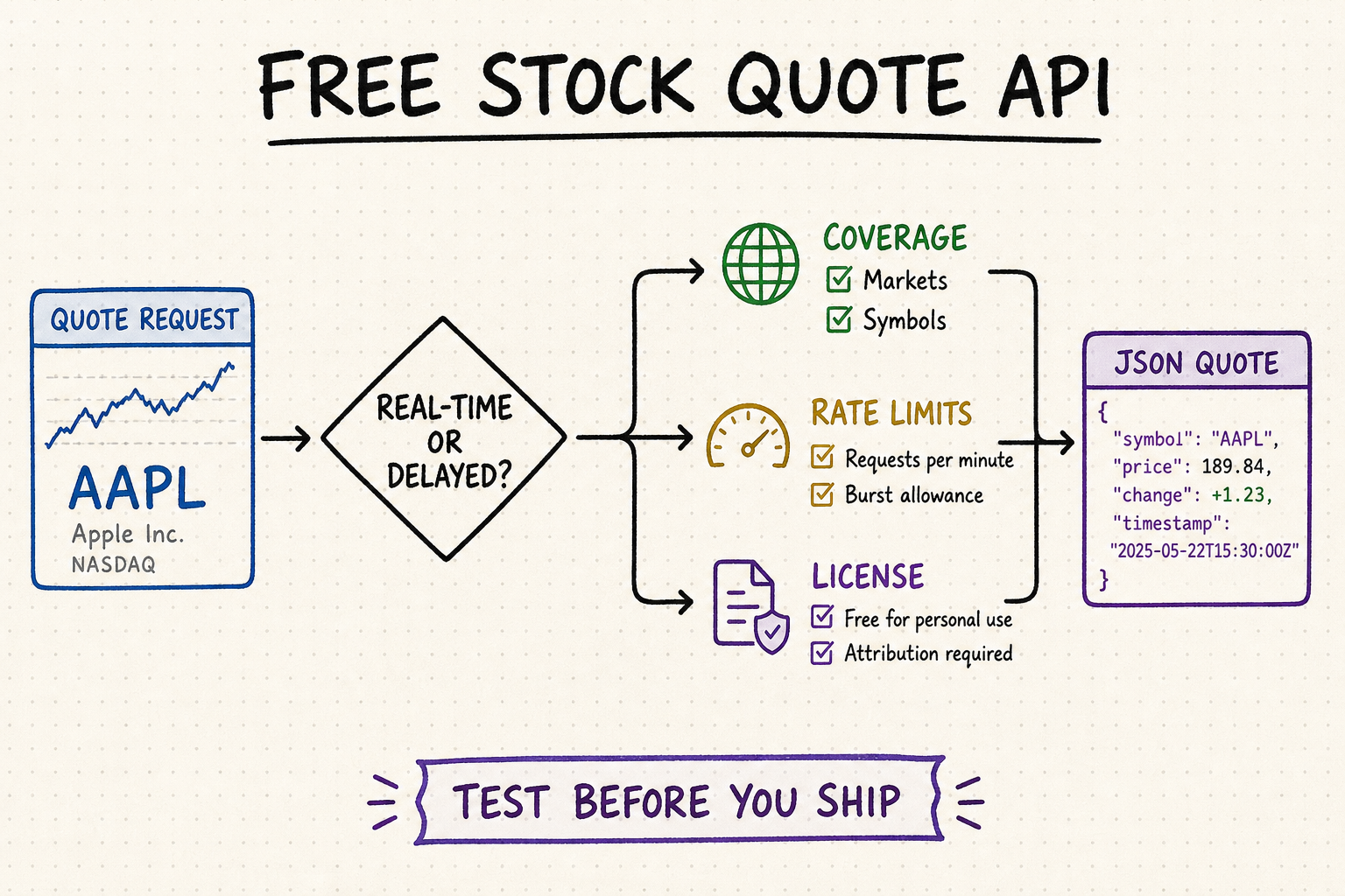Hand-drawn workflow for choosing a free stock quote API by freshness, coverage, rate limits, and licensing