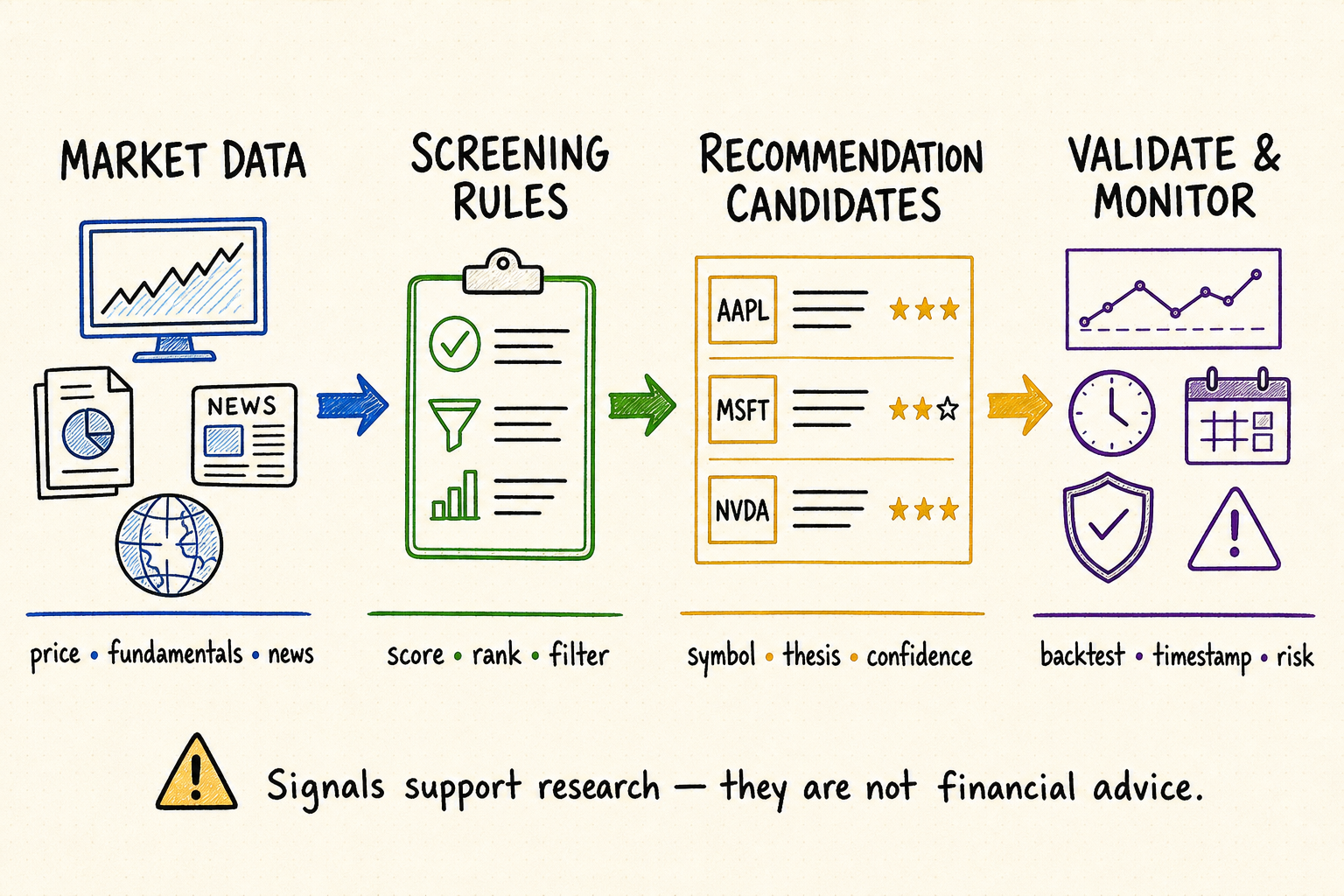 Hand-drawn workflow showing market data, screening rules, recommendation candidates, and validation checks