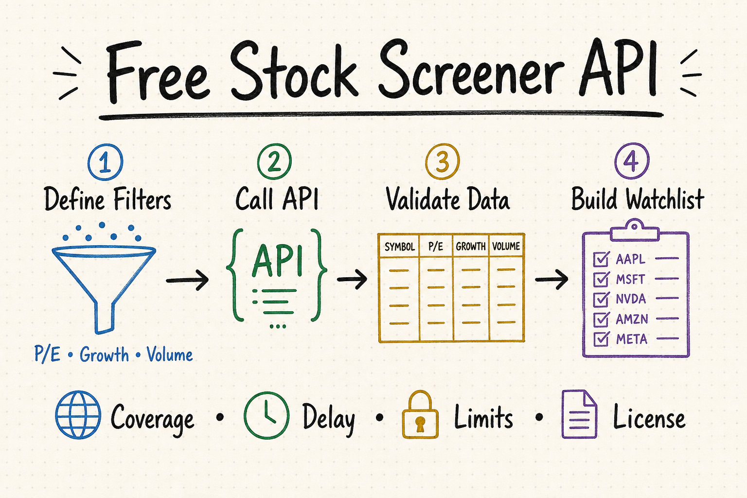 Free Stock Screener API whiteboard showing filters, an API call, data validation, and a watchlist