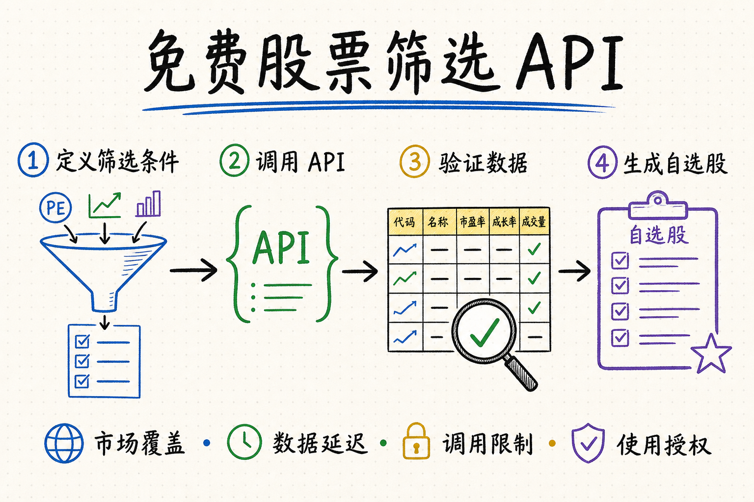 免费股票筛选 API 白板图，展示定义筛选条件、调用接口、验证数据和生成自选股流程