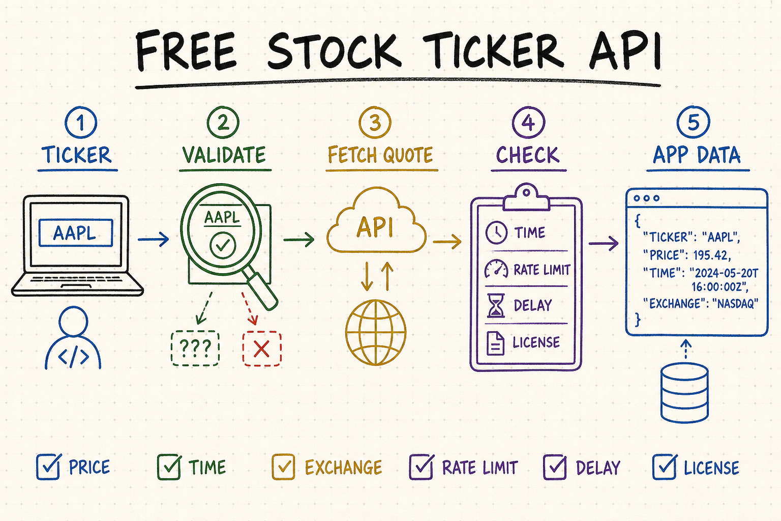 Hand-drawn free stock ticker API workflow from symbol search to exchange-qualified identity, validation, mapping, and free-tier checks