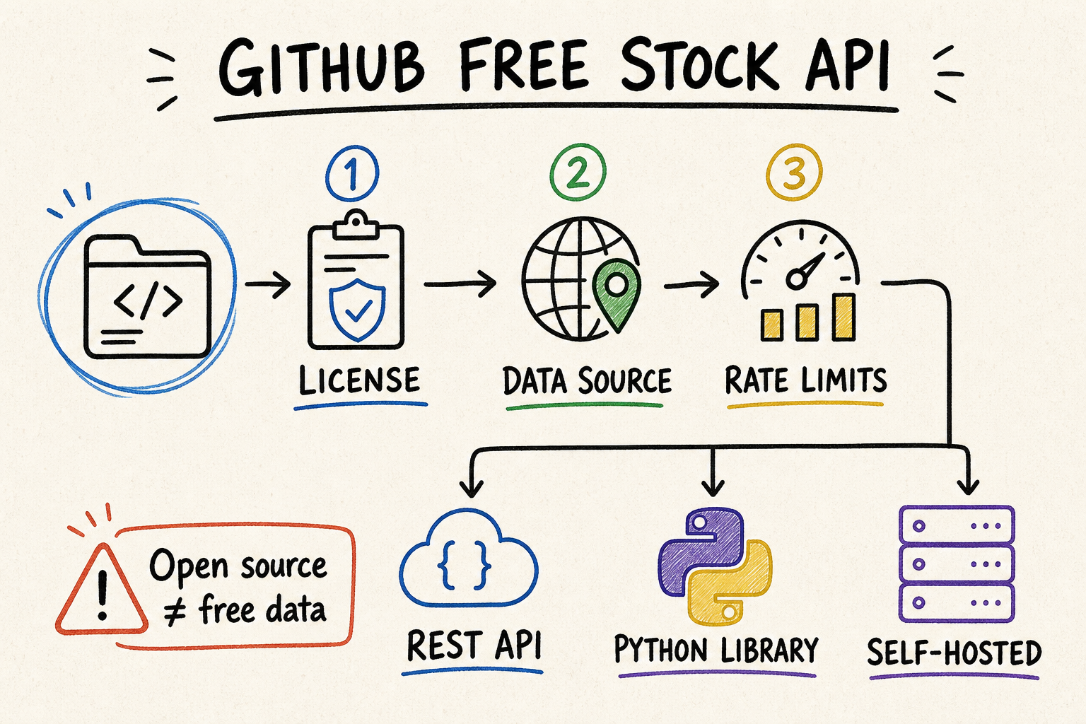 Hand-drawn GitHub free stock API decision map covering license, data source, rate limits, REST, Python, and self-hosting