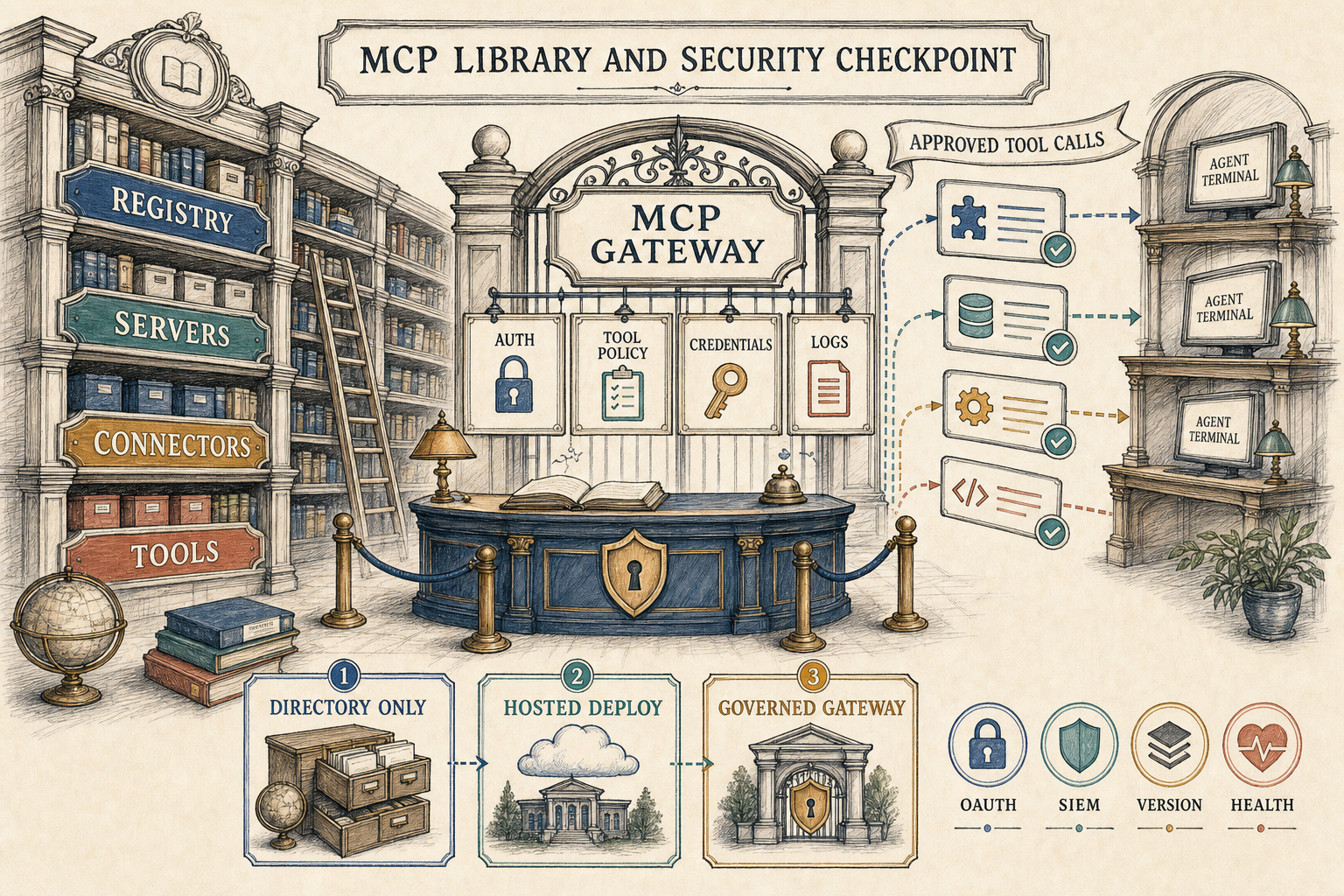 MCP library and security checkpoint comparing directory, hosted deployment, and governed gateway options