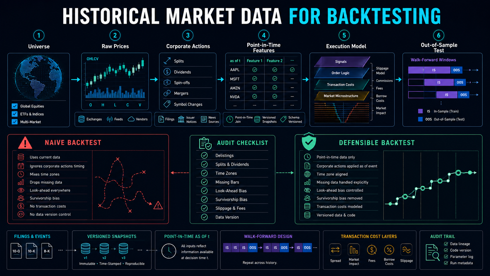 Historical market data for backtesting pipeline covering universe, OHLCV, corporate actions, point-in-time features, execution costs, out-of-sample tests, survivorship bias, look-ahead bias, and audit trail