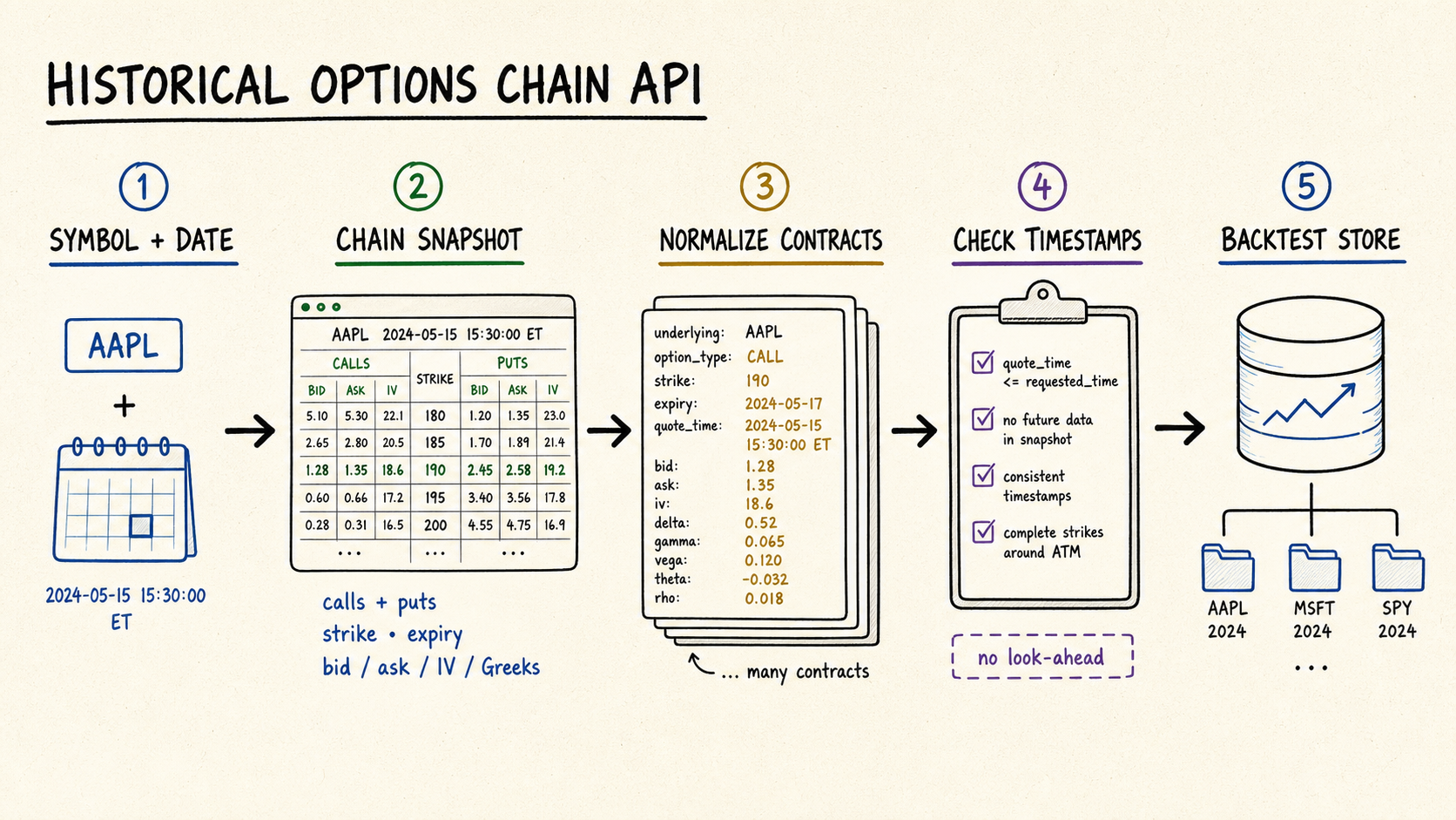 Hand-drawn workflow from a symbol and date through an options chain snapshot, normalization, timestamp checks, and backtest storage