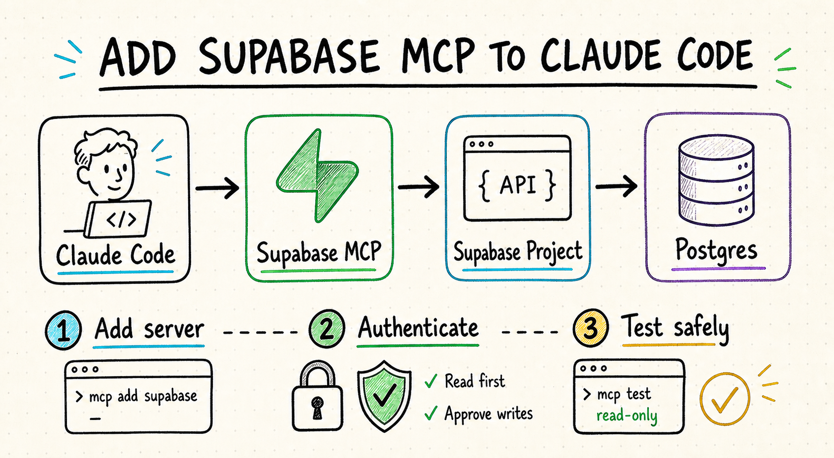 Hand-drawn workflow showing Claude Code connecting through Supabase MCP to a Supabase project and Postgres database