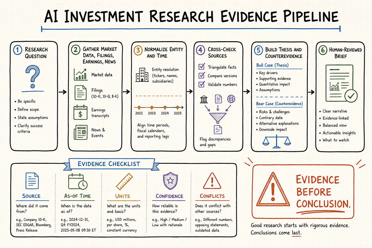 AI investment research evidence pipeline from research question to human-reviewed brief