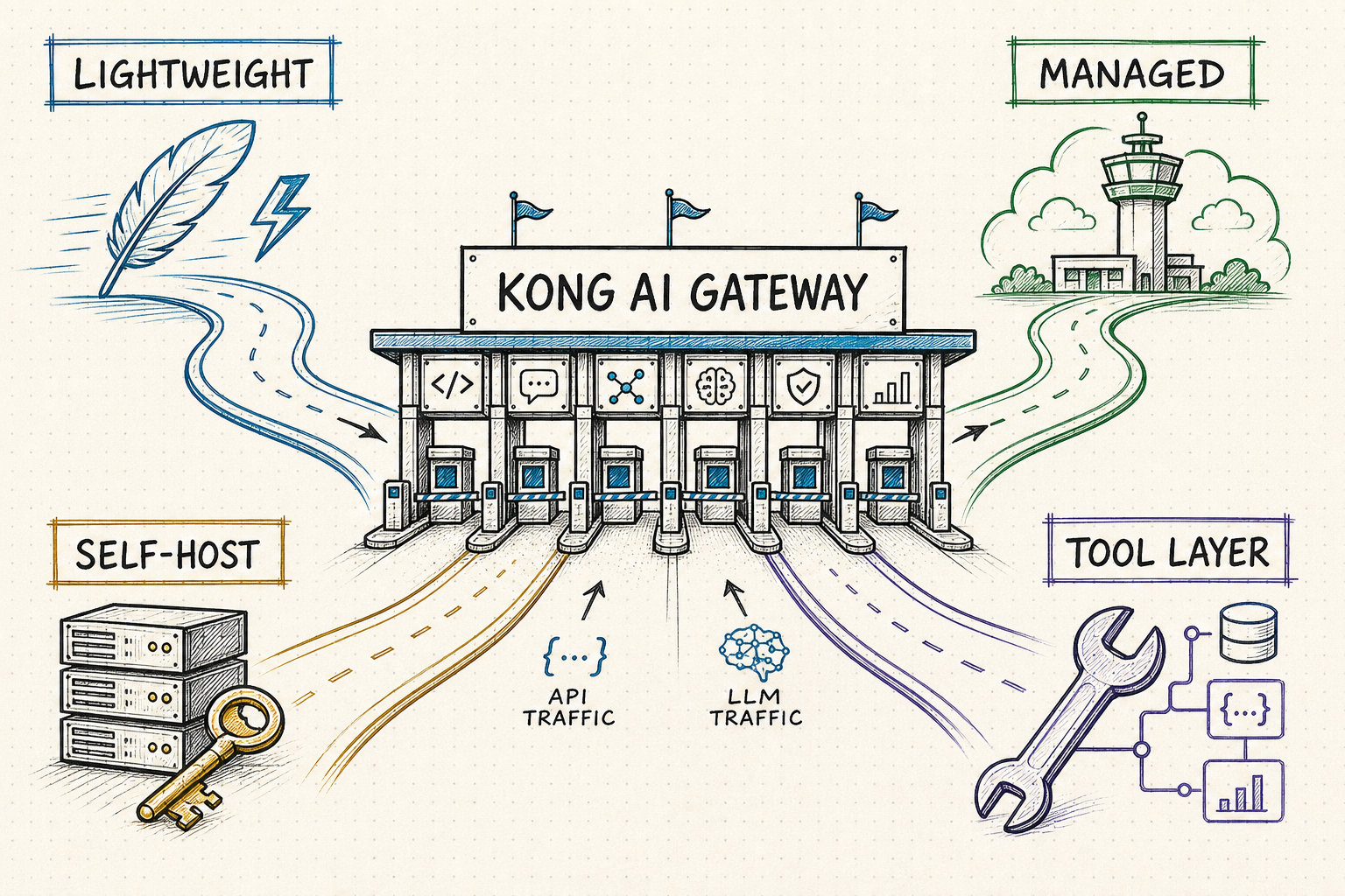 Hand-drawn Kong AI Gateway toll plaza showing lightweight, managed, self-hosted, and agent tool layer alternative roads