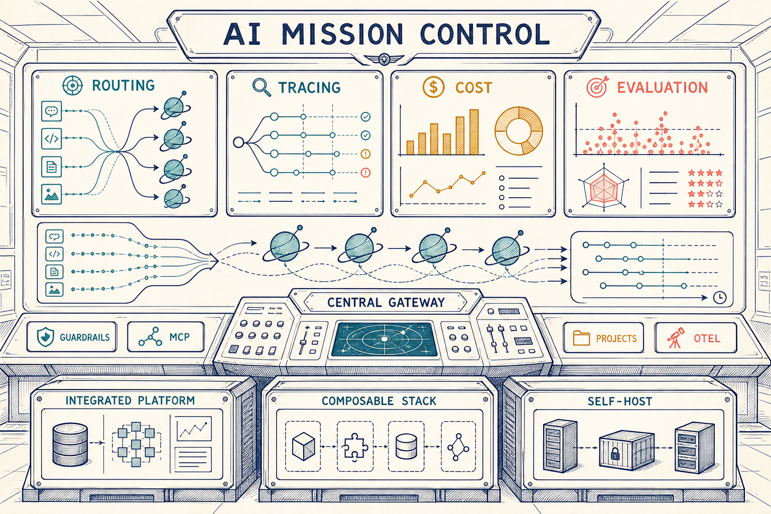 AI mission control comparing integrated, composable, and self-hosted gateway and observability architectures