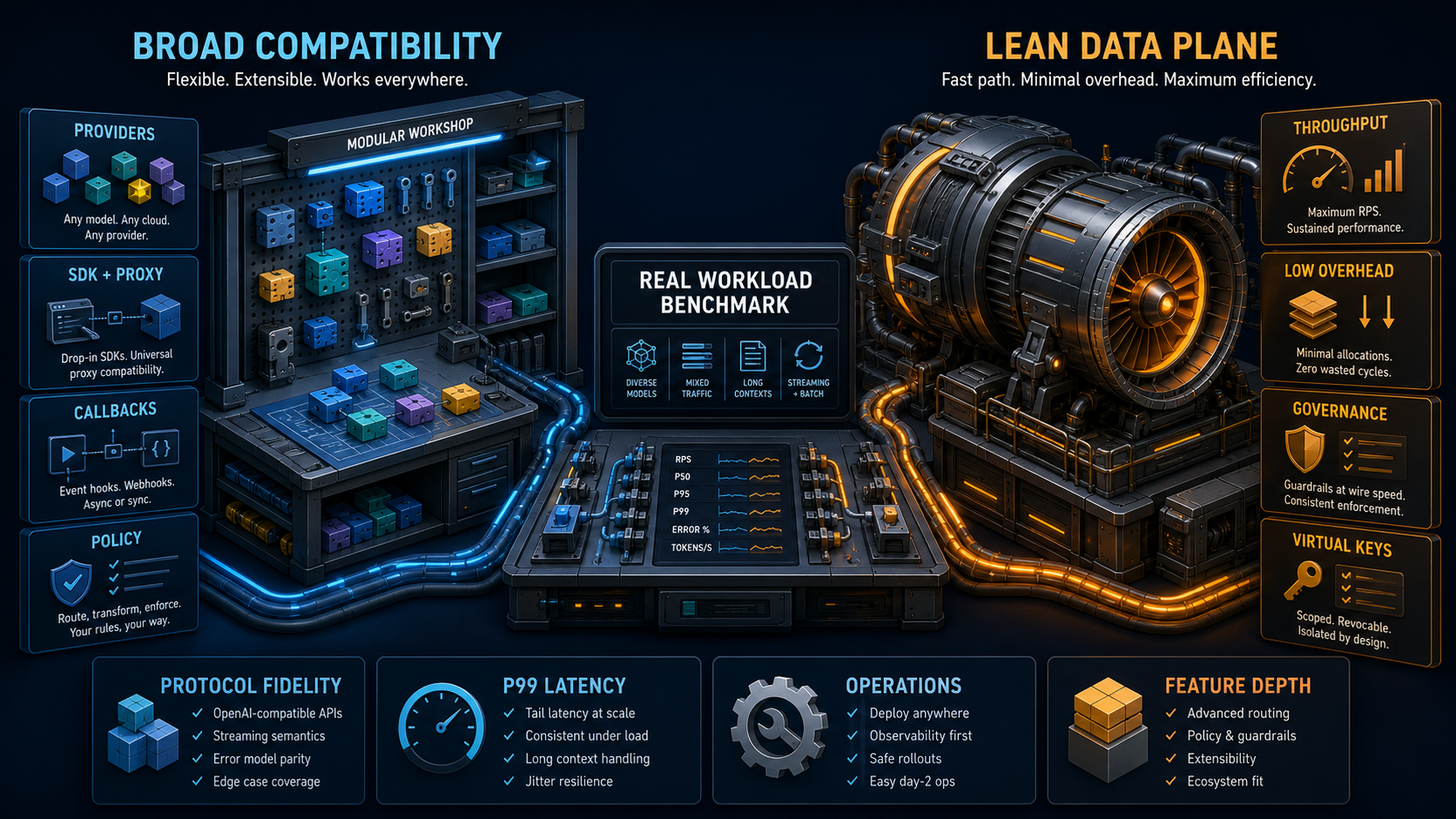 Modular compatibility workshop compared with a lean AI gateway data-plane turbine