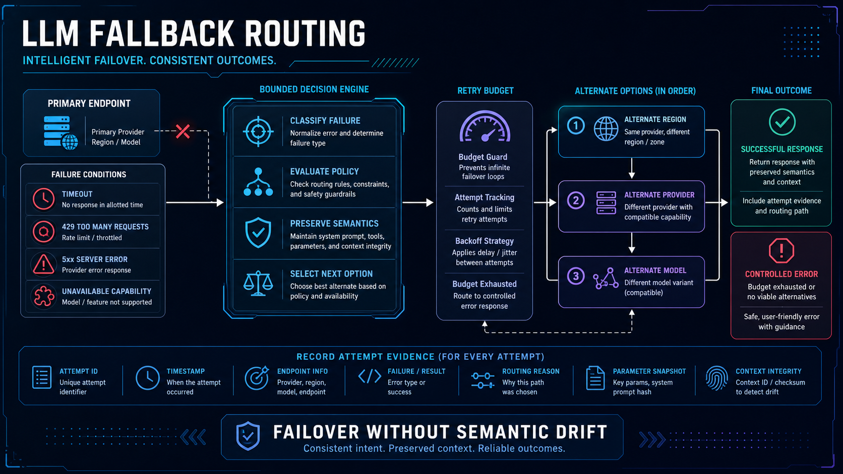 LLM fallback routing with bounded retries, alternate endpoints and attempt evidence