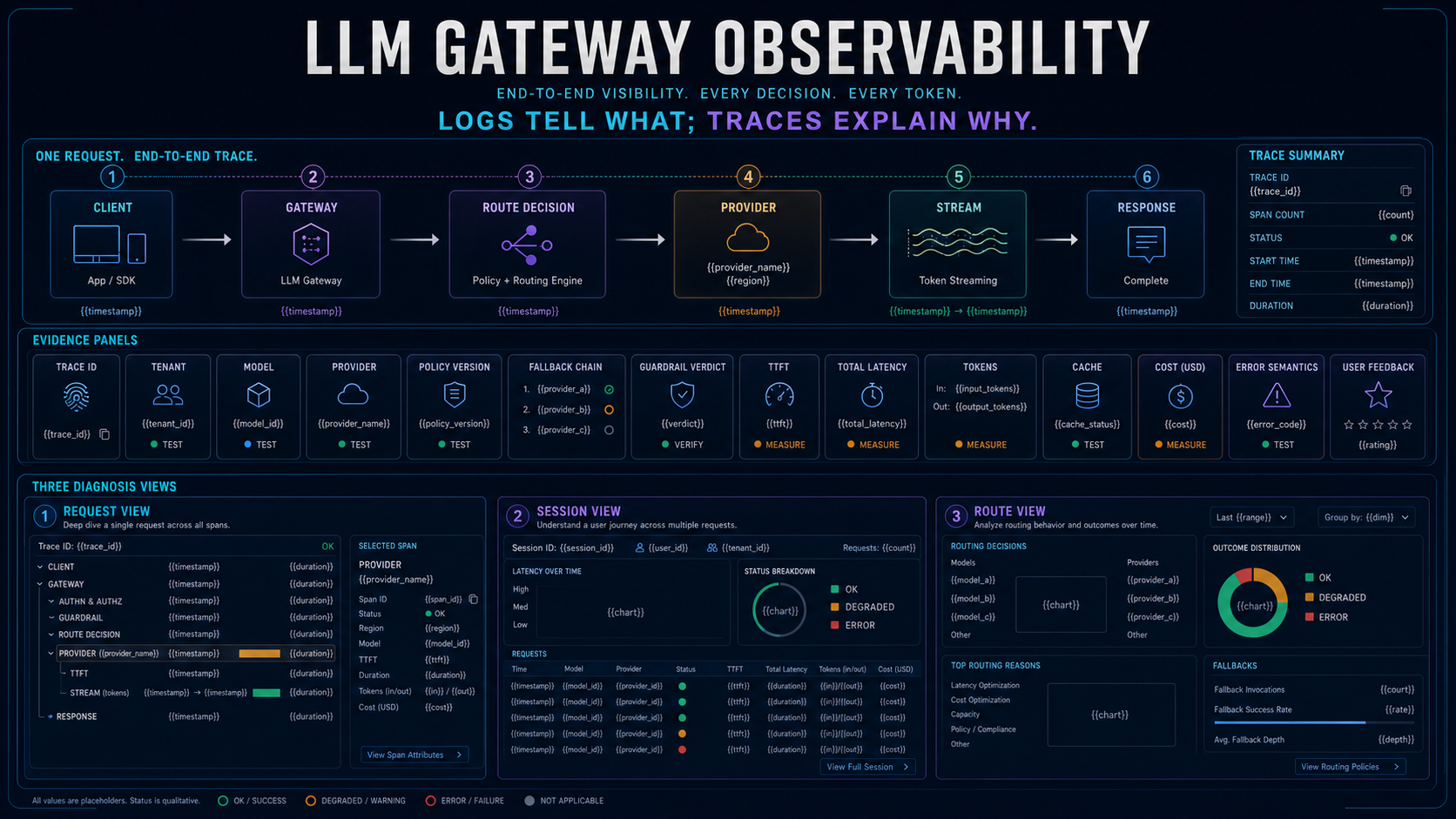 LLM gateway observability map across request session and route diagnosis views