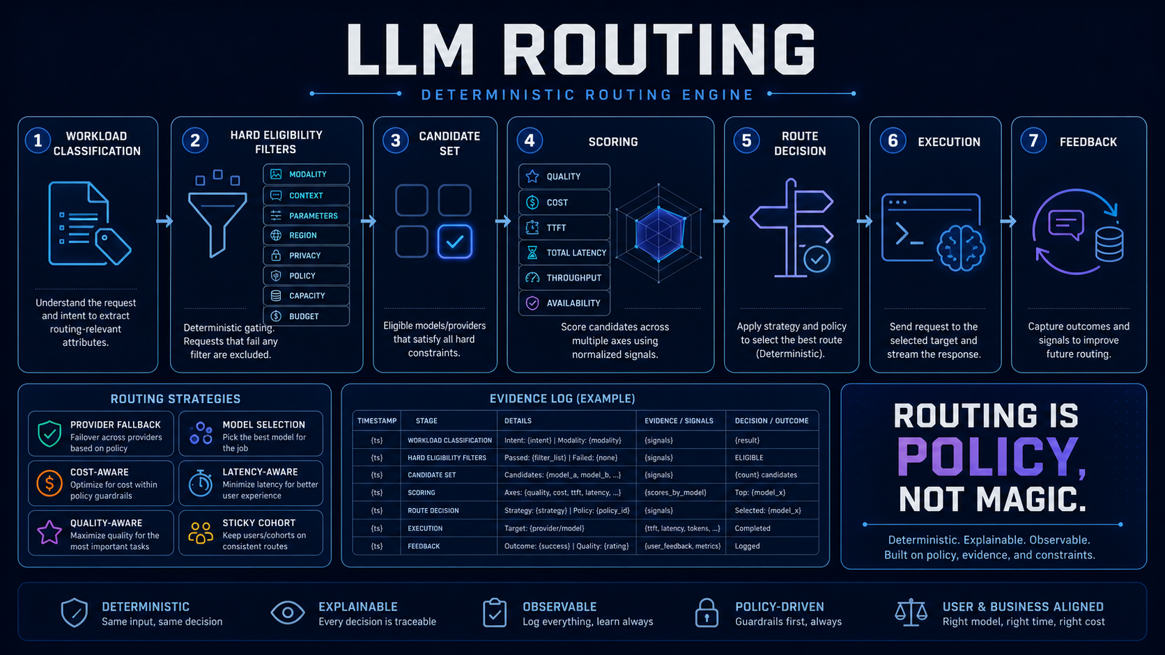 Deterministic LLM routing engine with eligibility filters scoring strategies and evidence log