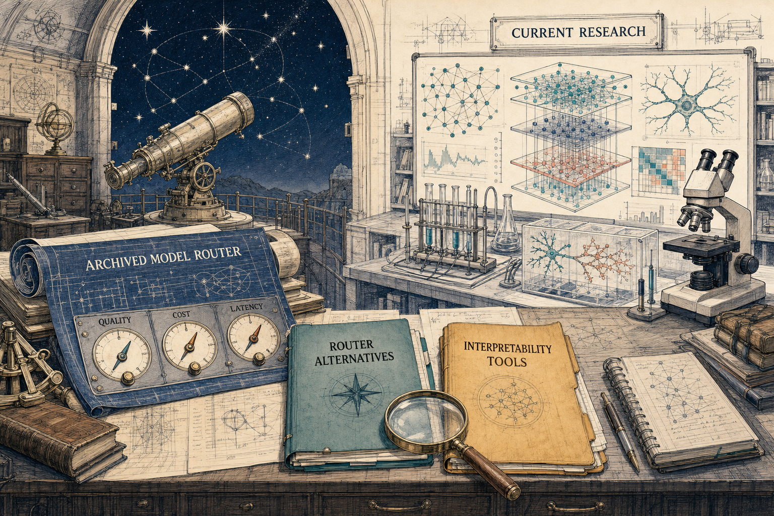 Scientific observatory illustration distinguishing an archived model router from current interpretability research
