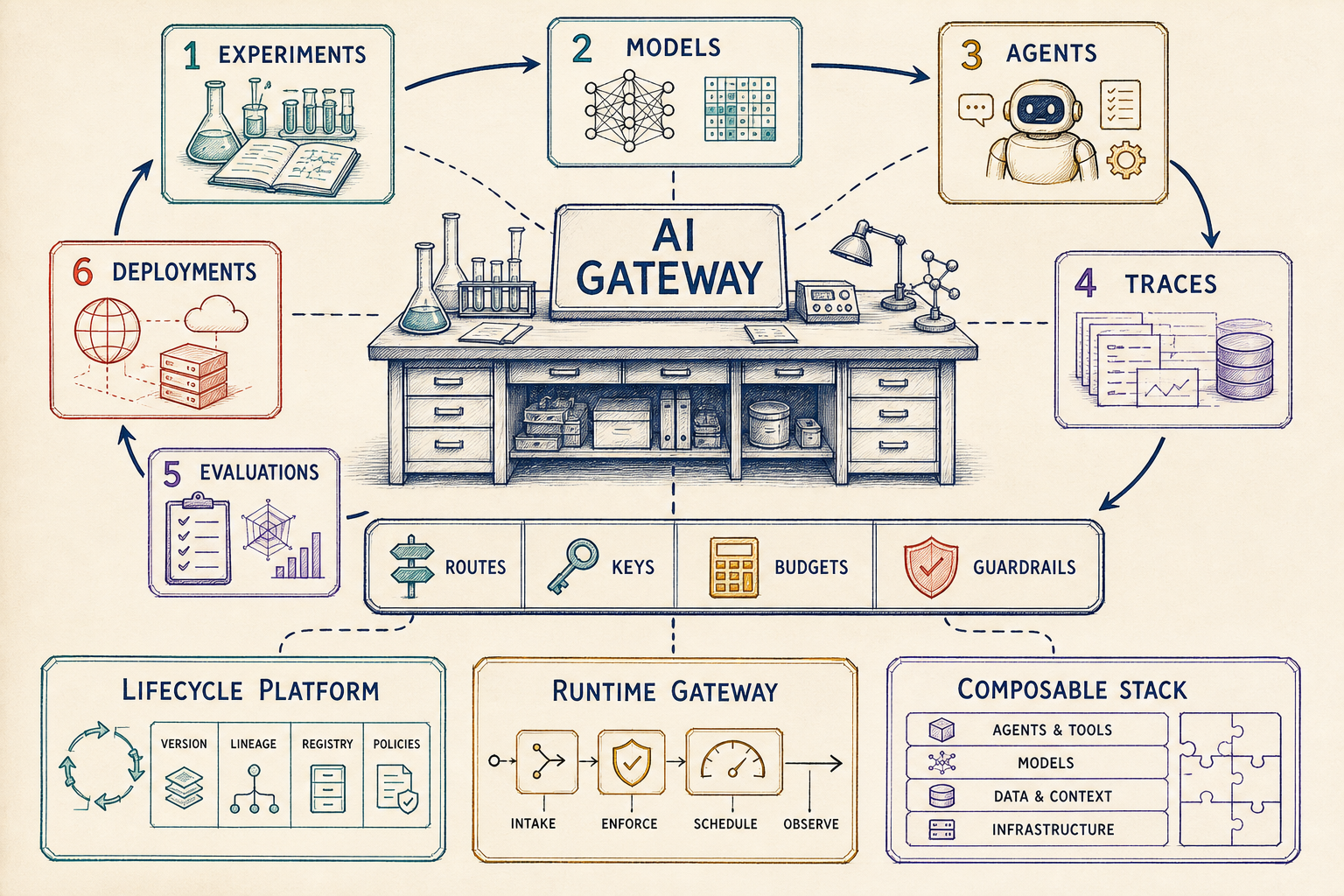 AI lifecycle laboratory connecting experiments, models, agents, traces, evaluations, and deployments through gateway controls