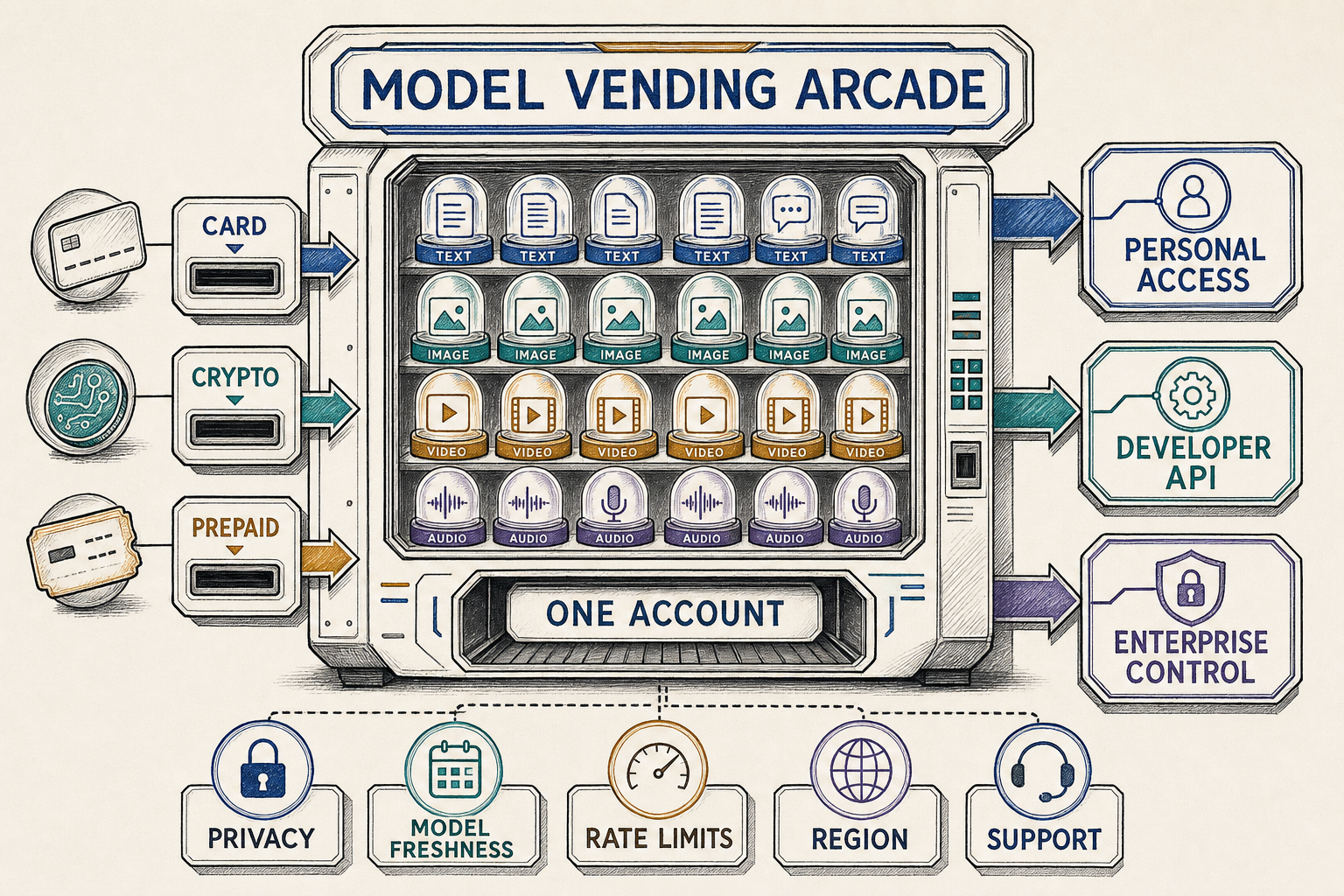 Model vending arcade comparing personal access, developer API, and enterprise control for NanoGPT alternatives