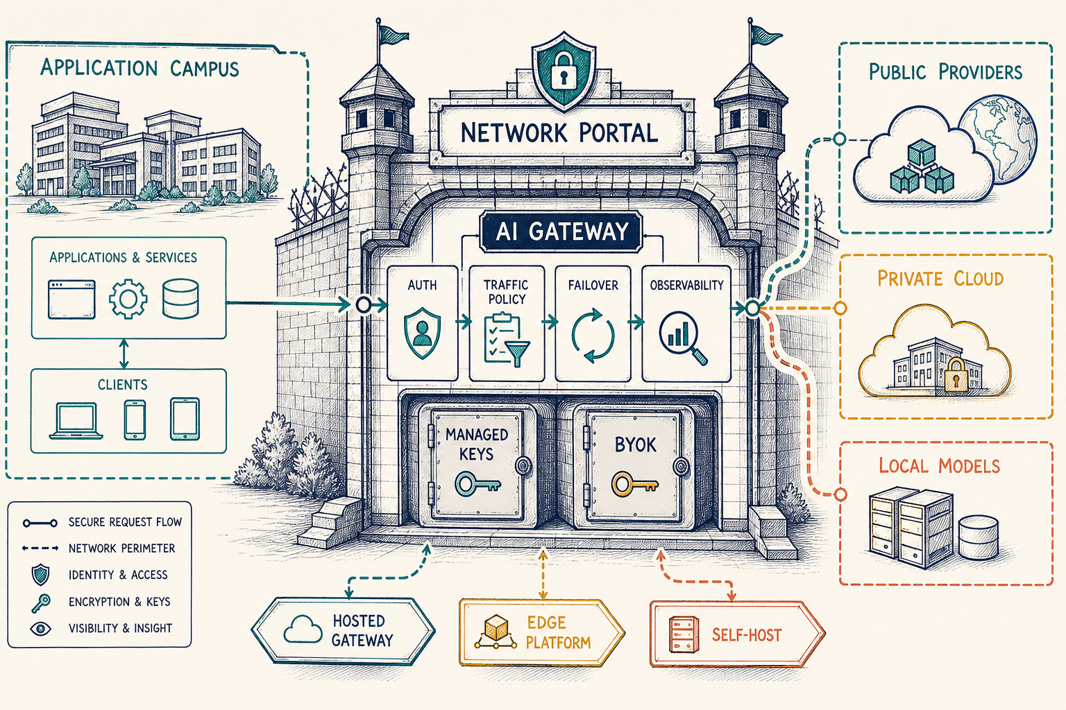 Secure network portal connecting applications to public, private, and local models through AI gateway controls