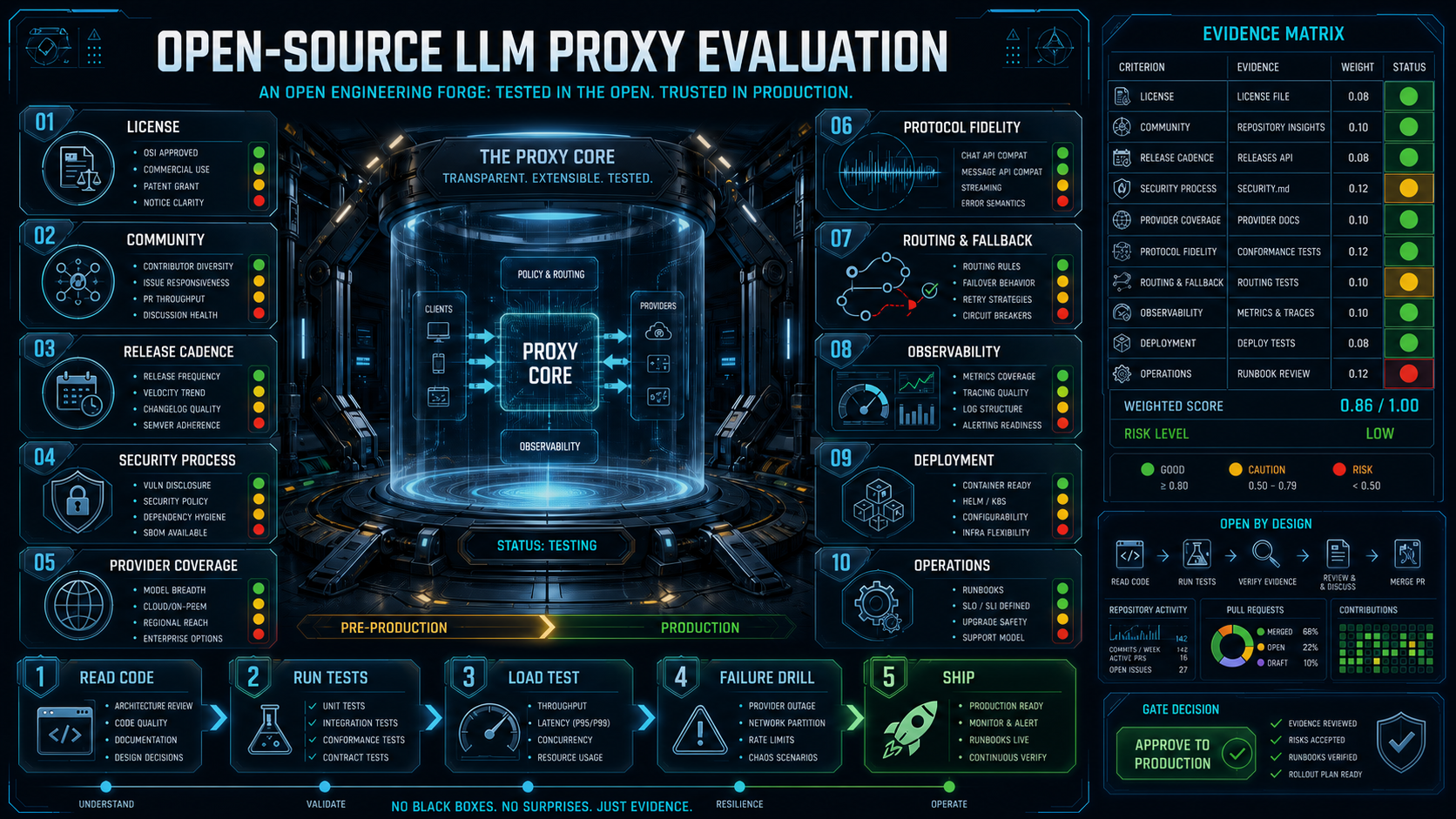 Open-source LLM proxy evaluation forge with ten evidence categories and a production gate