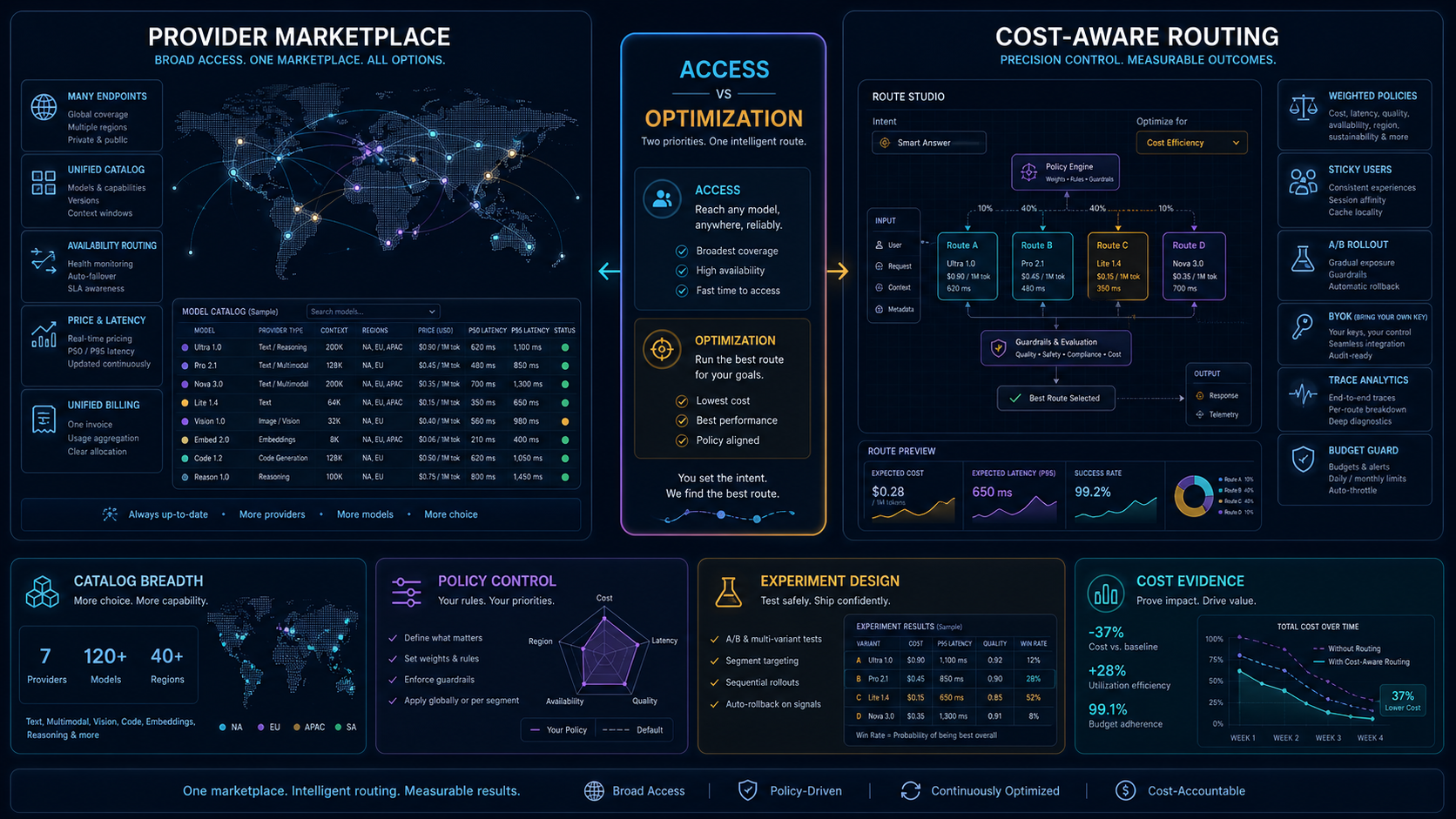 Broad provider marketplace map compared with a precision cost-aware routing studio