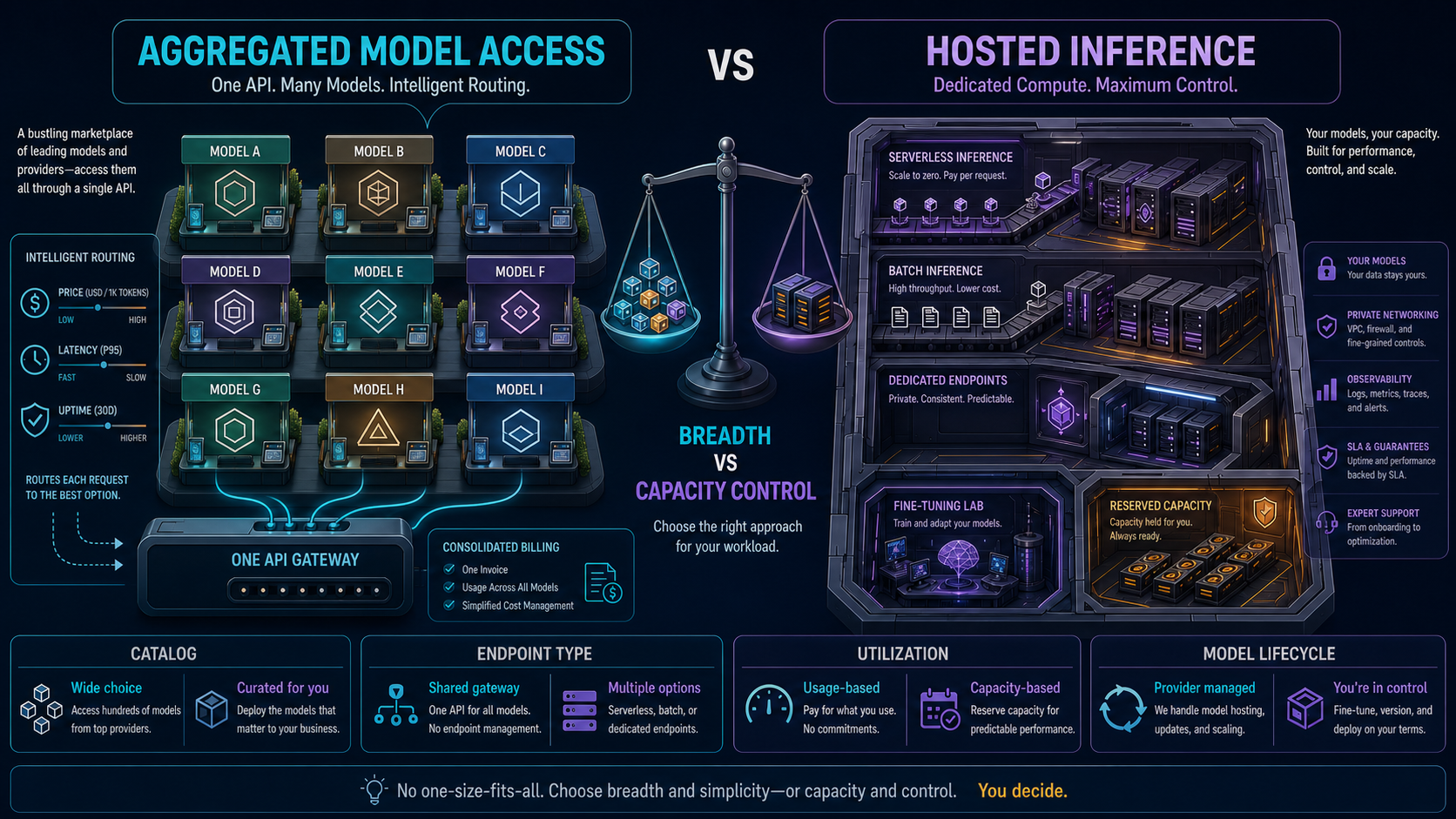 Aggregated model marketplace compared with a hosted inference foundry across breadth and capacity control
