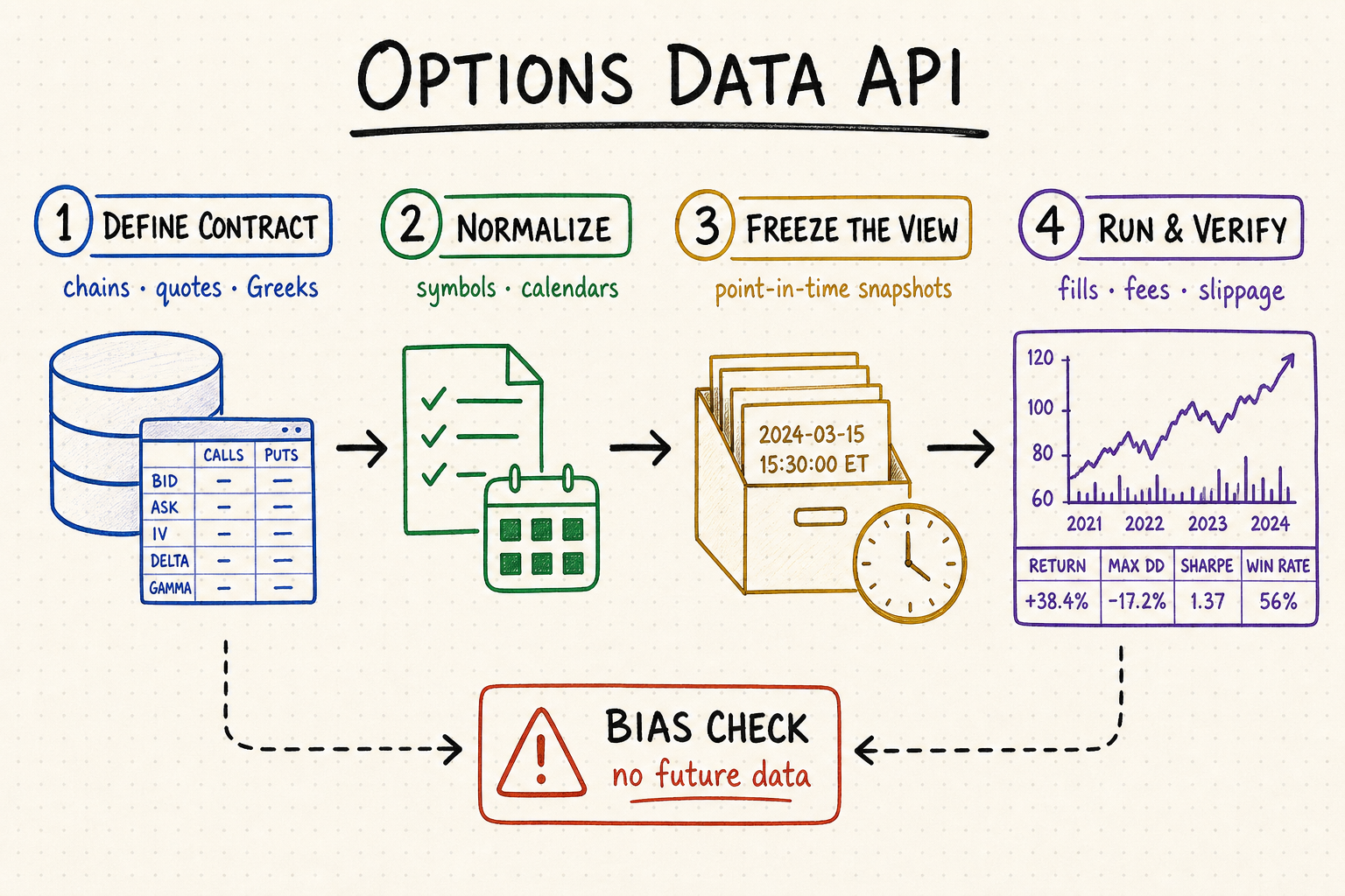 Hand-drawn workflow for defining, normalizing, freezing, and validating an options data API backtest