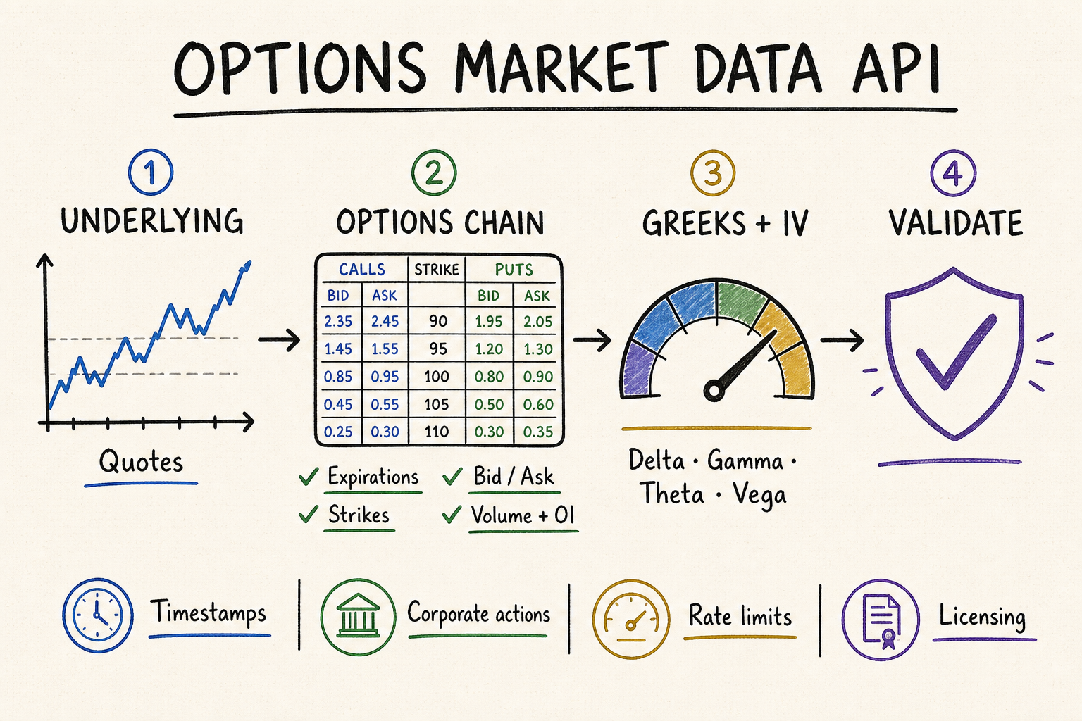 Hand-drawn map for evaluating options market data APIs by coverage, delay, rate limits, and licensing