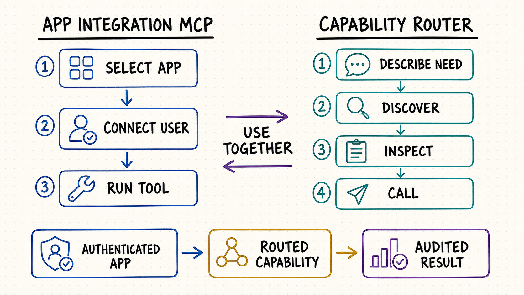 Decision map comparing an app-integration MCP workflow with capability discovery and routing
