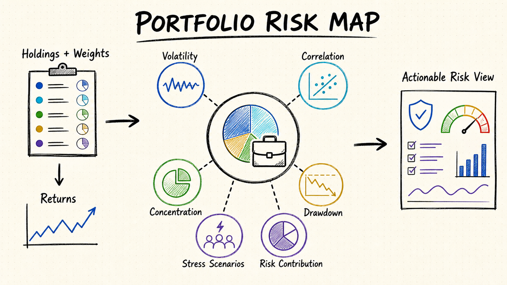 Portfolio risk map connecting holdings and returns with volatility, correlation, concentration, drawdown, stress scenarios, and risk contribution