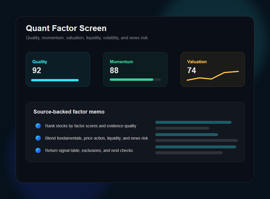 Quant stock screener dashboard showing quality, momentum, valuation, liquidity, volatility, news risk, and factor rankings