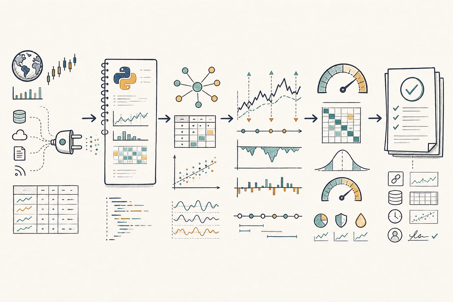 Hand-drawn quantitative research workflow from market data and Python analysis to factor testing, portfolio risk checks, and an auditable evidence record